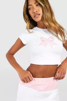 Детская футболка из атласа с аппликацией в виде банта boohoo, белый