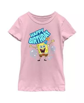 Детская футболка с изображением Губки Боба Квадратных Штанов «С Днем Рождения» и пузырьками для девочек Nickelodeon