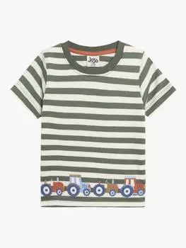 Детская хлопчатобумажная футболка с аппликацией трактора в полоску JoJo Maman Bb, хаки