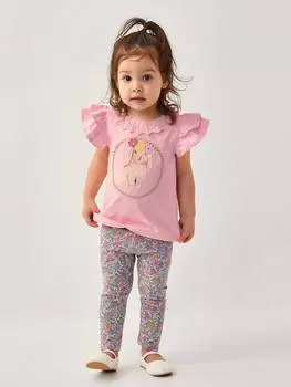 Детская хлопчатобумажная футболка с кроликом и леггинсы в цветочек Monsoon, розовый/разноцветный