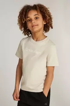 Детская хлопковая футболка Calvin Klein Jeans, бежевый
