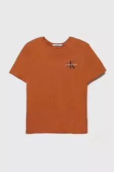 Детская хлопковая футболка Calvin Klein Jeans, коричневый