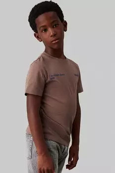 Детская хлопковая футболка Calvin Klein Jeans, коричневый