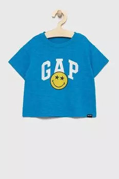 Детская хлопковая футболка GAP с изображением мира смайликов, синий