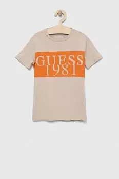 Детская хлопковая футболка Guess, бежевый