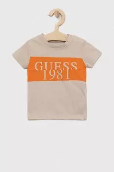 Детская хлопковая футболка Guess, бежевый