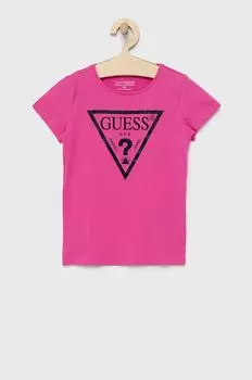 Детская хлопковая футболка Guess, розовый