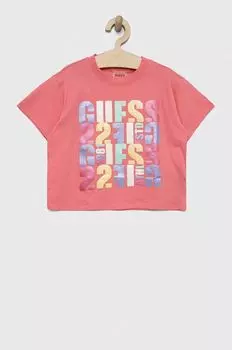 Детская хлопковая футболка Guess, розовый