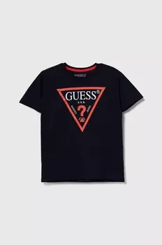 Детская хлопковая футболка Guess, темно-синий