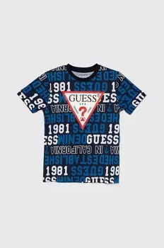 Детская хлопковая футболка Guess, темно-синий