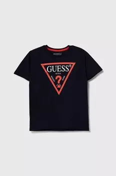 Детская хлопковая футболка Guess, темно-синий