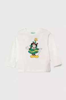 Детская хлопковая футболка с длинными рукавами United Colors of Benetton x Disney, белый