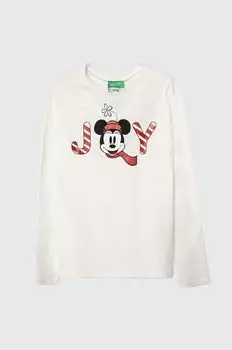 Детская хлопковая футболка с длинными рукавами United Colors of Benetton x Disney, белый