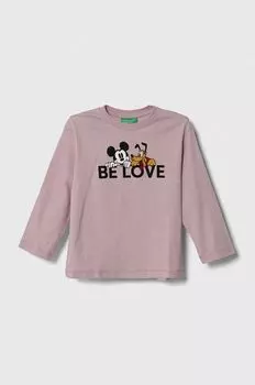 Детская хлопковая футболка с длинными рукавами United Colors of Benetton x Disney, розовый