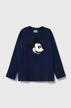 Детская хлопковая футболка с длинными рукавами United Colors of Benetton x Disney, темно-синий