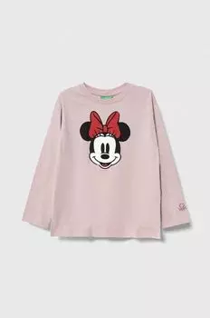 Детская хлопковая футболка с длинными рукавами United Colors of Benetton x Disney, розовый