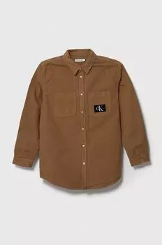 Детская хлопковая рубашка Calvin Klein Jeans, коричневый