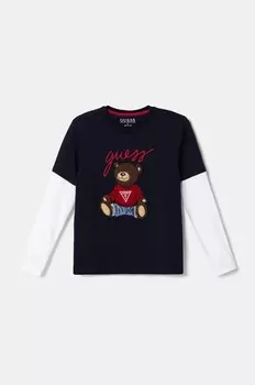 Детская хлопковая рубашка с длинным рукавом Guess, темно-синий