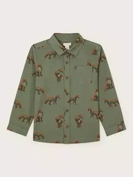 Детская хлопковая рубашка с принтом лисы Monsoon, хаки