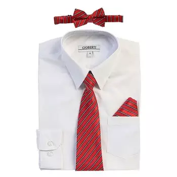 Детская классическая рубашка с длинными рукавами Gioberti + галстук в полоску, галстук-бабочка и носовой платок, белый