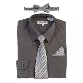 Детская классическая рубашка с длинными рукавами Gioberti + галстук в полоску, галстук-бабочка и носовой платок, цвет Dark Gray