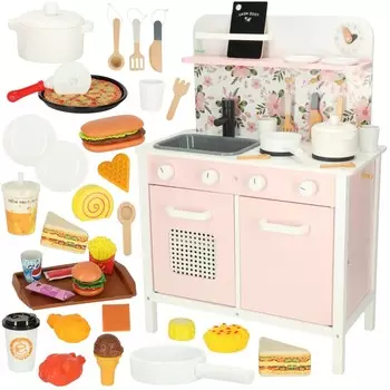 Детская кухня Деревянные цветы Розовая посуда + продуктовый набор XXL Trifland