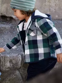 Детская куртка со съемным капюшоном на клетчатой подкладке из органического хлопка Polarn O. Pyret, синий