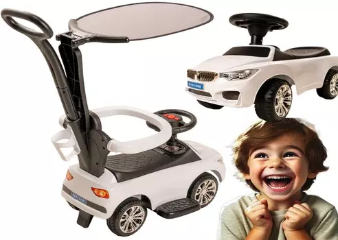 Детская машинка с гидом, которая оттолкнет машину от сиденья. Белый автомобиль. PakaNiemowlaka