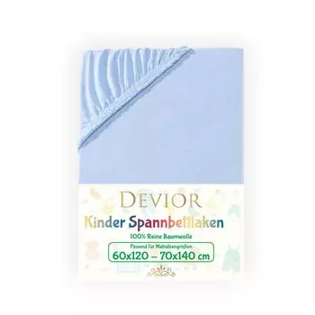 Детская простыня Devior Jersey 60х120 - 70х140 см, голубая простыня 100% хлопок, высота матраса до 12 см, резинка