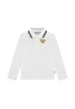 Детская рубашка-поло, длинный рукав - базовая, планка на пуговицах, мотив Тедди, хлопок, однотонная Steiff, белый