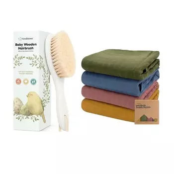 Детская щетка для волос Keababies и 4 упаковки муслиновых пелен для мальчиков и девочек — Детская щетка с мягкой козьей щетиной — Органические детские одеяла, одеяло для новорожденных