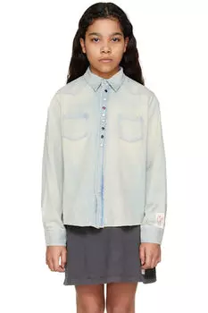 Детская синяя джинсовая рубашка с накладными карманами Golden Goose