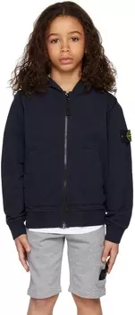 Детская темно-синяя толстовка с капюшоном на молнии Stone Island Junior