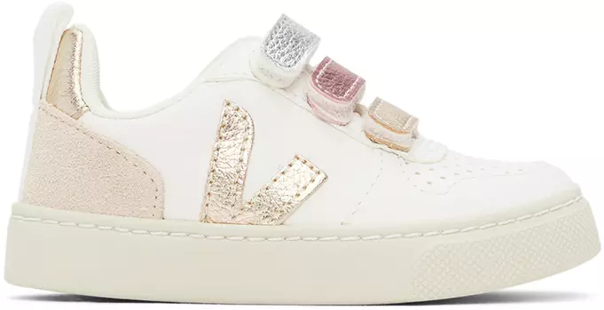 Детские бело-золотые кроссовки V-10 VEJA