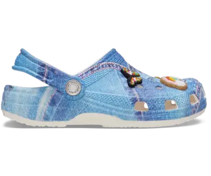 Детские классические джинсовые сабо с нашивками Crocs, белый/мультиколор