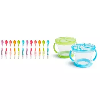Детские ложки Munchkin® Soft Tip™, 12 штук (1 шт. в упаковке) и чашки для перекусов для малышей ® Snack Catcher®, 2 шт., синий/зеленый