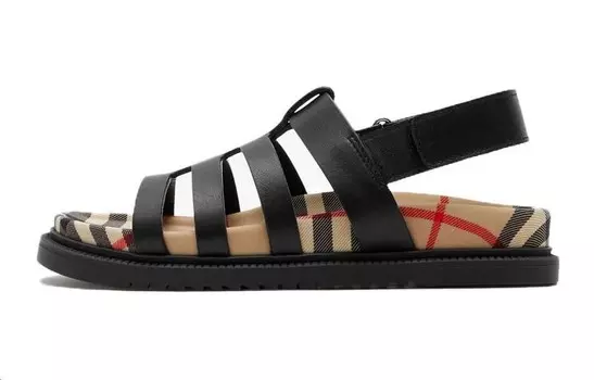 Детские винтажные кожаные сандалии с клетчатым принтом Burberry, черный