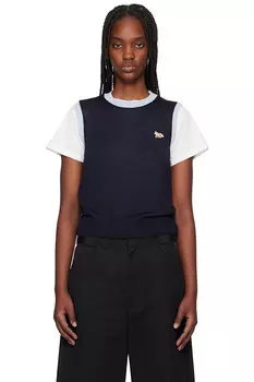 Детский биколорный вязаный топ Baby fox patch Maison Kitsun, синий