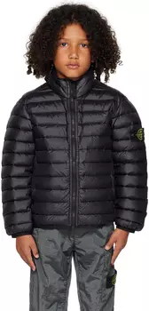 Детский черный пуховик с воротником-стойкой Stone Island Junior