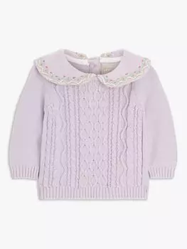 Детский джемпер вязанной вязки с вышитым воротником John Lewis, сирень