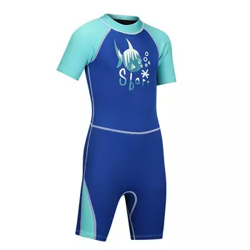 Детский гидрокостюм Shark Bart 2 мм, купальник с короткими рукавами, утолщенный цельный купальник, голубой, размер S-4XL SBART