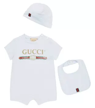 Детский хлопковый комбинезон, нагрудник и шапочка Gucci Kids, цвет pale blue/green/red
