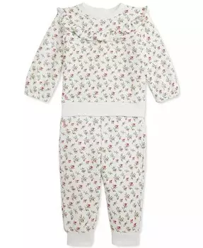 Детский комплект из толстовки и брюк с рюшами и цветочным принтом Polo Ralph Lauren, бежевый