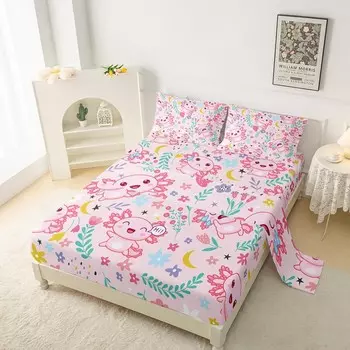 Детский комплект простыней QOOMO Pink Axolotl для девочек, Kawaii Axolotl