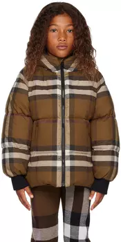 Детский коричневый двусторонний пуховик в клетку Burberry