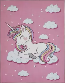 Детский ковер Andiamo "Единорог", прямоугольный, короткий ворс, мотив единорога, детская комната 80х150 см, розовый