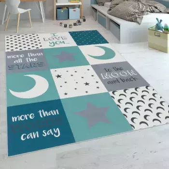 Детский ковер Paco Home "Aleyna 101", прямоугольный, короткий ворс, детский дизайн, мотив луны и звезд, детская комната 120х160 см, бирюзовый