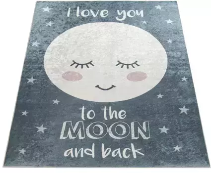 Детский ковер Paco Home "Aleyna 103", прямоугольный, детский дизайн, милый лунный мотив с надписью, детская комната 160х230 см, серый