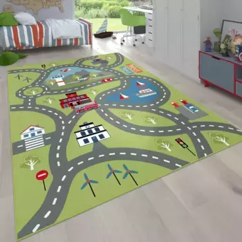 Детский ковер Paco Home "Bino 562", прямоугольный, короткий ворс, ковер для уличных игр, мотив аэропорта, детская комната 240х340 см, зеленый