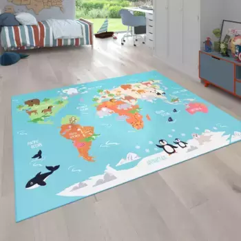 Детский ковер Paco Home "Bino 564", прямоугольный, короткий ворс, мотив карты мира, детская комната 240х340 см, бирюзовый